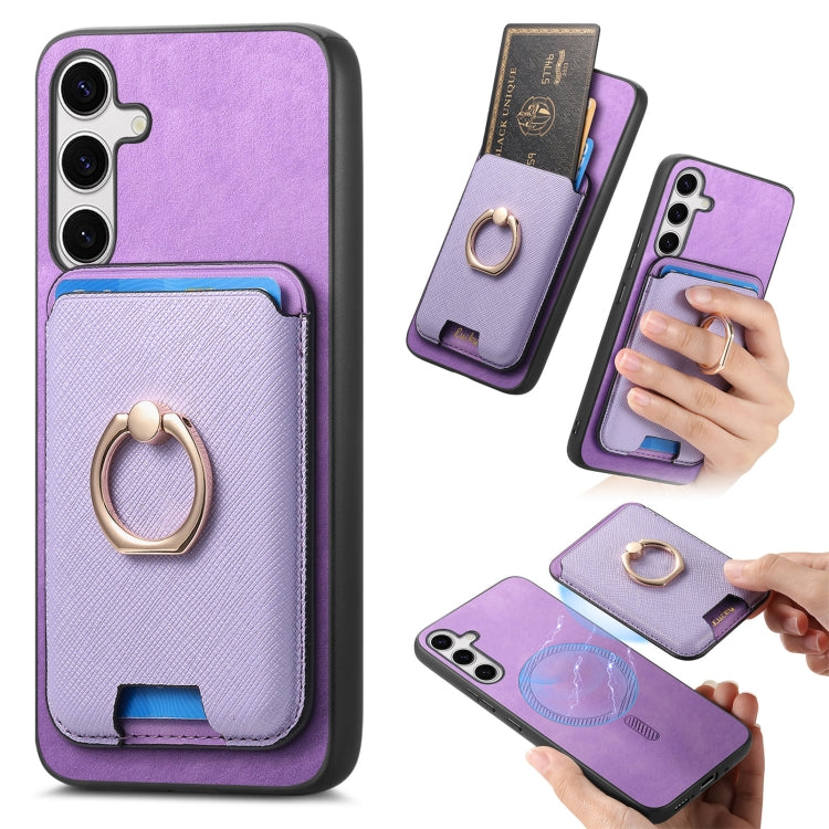 For Samsung Galaxy S25+ 5G Retro Cross Leather Ring Vertical Insert Card Bag MagSafe Phone Case(Purple) - Galaxy S25+ 5G Cases by buy2fix | Online Shopping UK | buy2fix