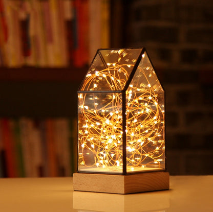 Fireworks Glass Lampshade Wooden Base 100 LEDs Night Light Birthday Christmas Gift, Spec: Button Switch(Firefly House) - Night Lights by buy2fix | Online Shopping UK | buy2fix