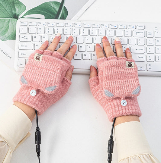 Winter Office USB Heating Warm Half Finger with Cover Gloves Heated Pad, Size: Free Size(Pink) - Safety Gloves by buy2fix | Online Shopping UK | buy2fix