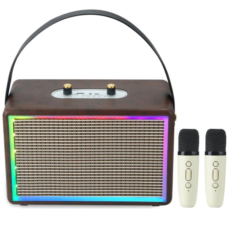 Leather Colorful Light Effect Karaoke Audio Retro Outdoor Bluetooth Speaker, Style: Dual-microphone(Brown) - Desktop Speaker by buy2fix | Online Shopping UK | buy2fix