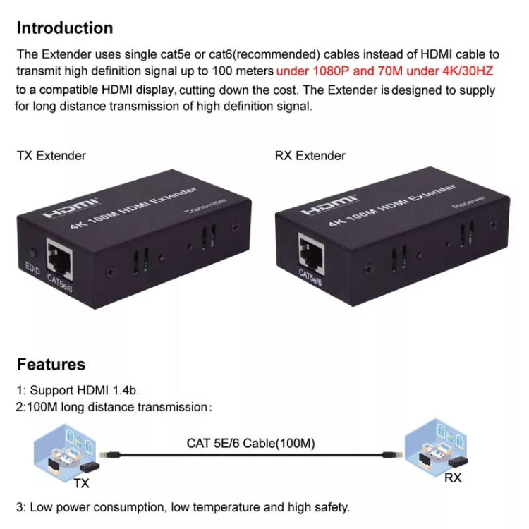 HDMI To RJ45 Single Ethernet Cable 100m Extender 4K HD Cable Signal Amplifier US Plug(Black) - Amplifier by buy2fix | Online Shopping UK | buy2fix