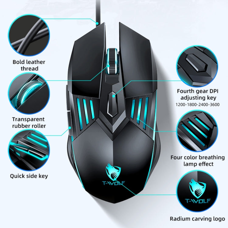 T-WOLF G560 6-keys Cool Breathing Light Gaming Wired Mouse Mechanical Office Silent Mouse(Black) - Wired Mice by T-WOLF | Online Shopping UK | buy2fix