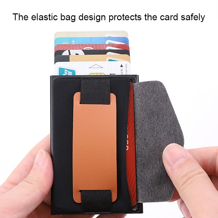 X-32C Automatically Pop-up Card Type Anti-magnetic RFID Anti-theft Men Aluminum Alloy B Dial Button Elastic Bag Wallet with PU Leather Strap(Grey) - Antimagnetic RFID Package by buy2fix | Online Shopping UK | buy2fix