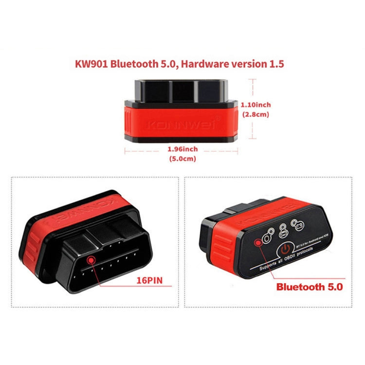 KONNWEI KW901 Android Phone OBD2 Car Bluetooth 5.0 Diagnostic Scan Tools(Red) - In Car by KONNWEI | Online Shopping UK | buy2fix