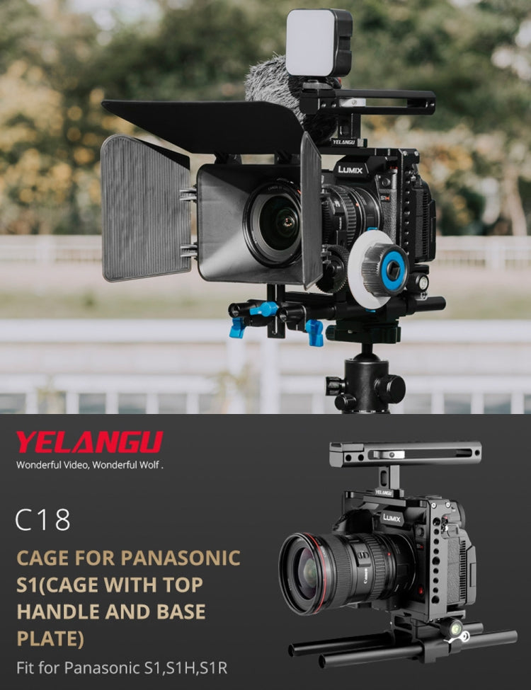 YELANGU C18 YLG0915A-C Video Camera Cage Stabilizer with Handle & Rail Rod Mount for Panasonic Lumix DC-S1H / DC-S1 / DC-S1R(Black) - Camera Accessories by YELANGU | Online Shopping UK | buy2fix
