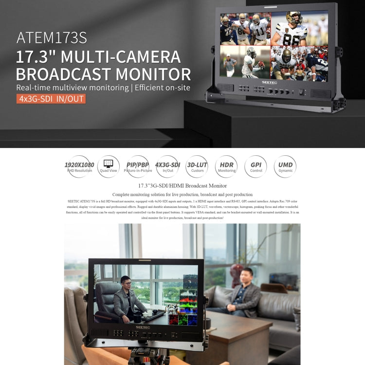 SEETEC ATEM173S 17.3 inch 3G-SDI HDMI Full HD 1920x1080 Multi-camera Broadcast Monitor(AU Plug) - On-camera Monitors by SEETEC | Online Shopping UK | buy2fix