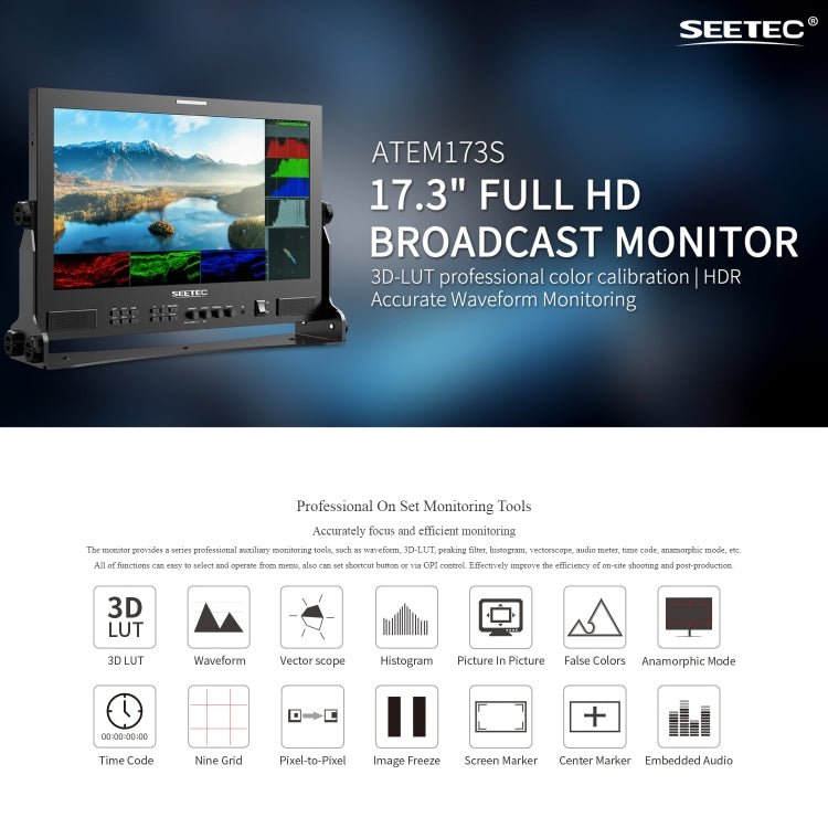 SEETEC ATEM173S 17.3 inch 3G-SDI HDMI Full HD 1920x1080 Multi-camera Broadcast Monitor(AU Plug) - On-camera Monitors by SEETEC | Online Shopping UK | buy2fix