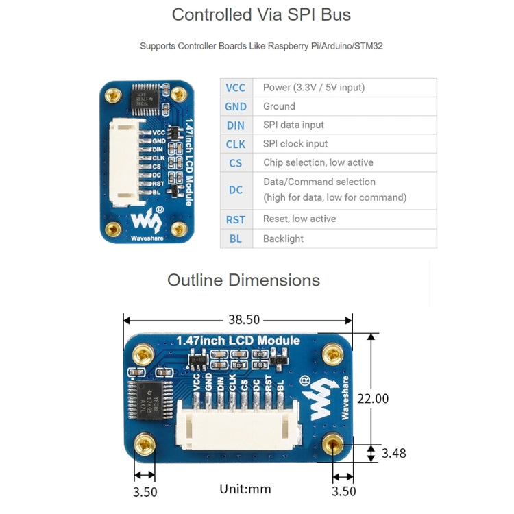 WAVESHARE 1.47 inch LCD Display Module, Rounded Corners, 172 x 320 Resolution, SPI Interface - Consumer Electronics by VONETS | Online Shopping UK | buy2fix