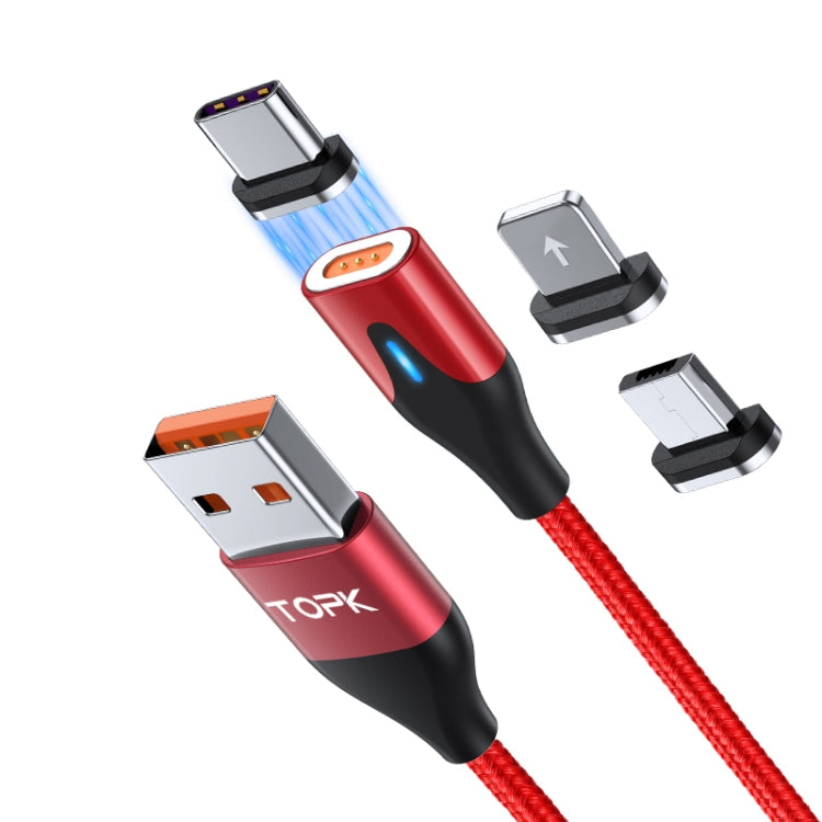 TOPK AM63 1m USB to 8 Pin + USB-C / Type-C + Micro USB 3 in 1 Flat Magnetic Metal Connector Nylon Braided Magnetic Fast Charging Data Cable(Red) - Charging Cable & Head by TOPK | Online Shopping UK | buy2fix