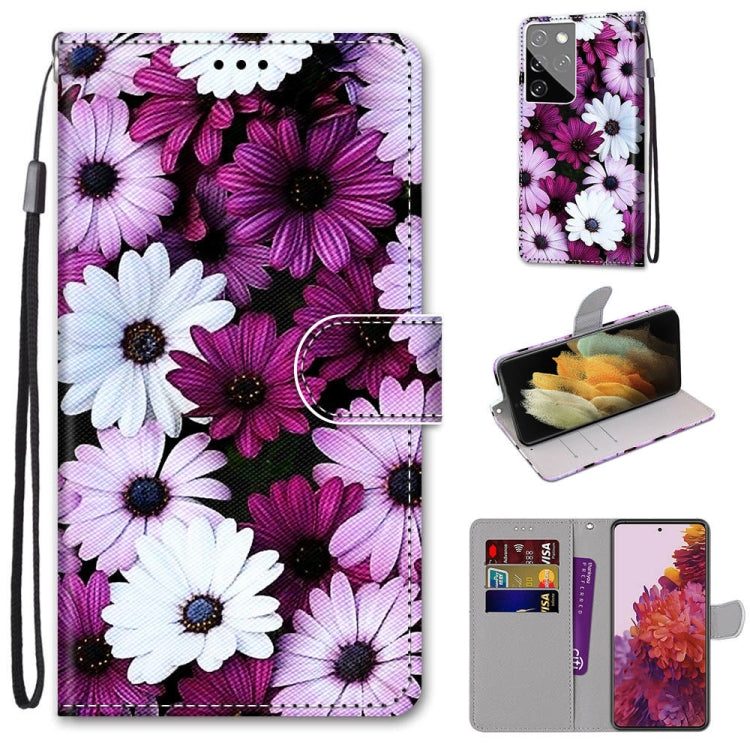 For Samsung Galaxy S21 Ultra 5G Coloured Drawing Cross Texture Horizontal Flip PU Leather Case with Holder & Card Slots & Wallet & Lanyard(Chrysanthemum Pink White Purple) - Samsung Accessories by buy2fix | Online Shopping UK | buy2fix