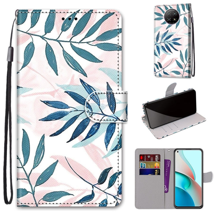 For Xiaomi Redmi Note 9 5G / Note 9T Coloured Drawing Cross Texture Horizontal Flip PU Leather Case with Holder & Card Slots & Wallet & Lanyard(Pink Green Leaf) - Mobile Accessories by buy2fix | Online Shopping UK | buy2fix