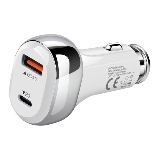 YSY-312PD QC3.0 USB + PD 18W USB-C / Type-C Dual Ports Fast Charging Car Charger(White) - Car Charger by buy2fix | Online Shopping UK | buy2fix