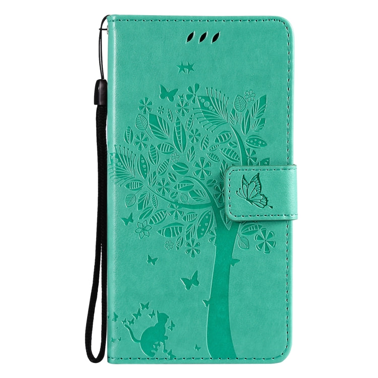 For OnePlus 9 Pro Tree & Cat Pattern Pressed Printing Horizontal Flip PU Leather Case with Holder & Card Slots & Wallet & Lanyard(Green) - OnePlus Cases by buy2fix | Online Shopping UK | buy2fix