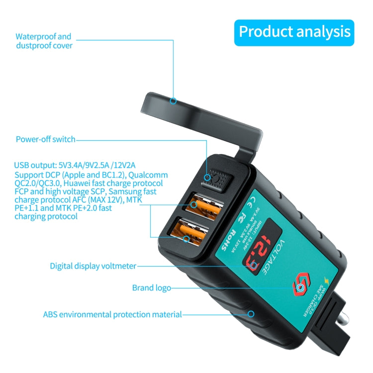 WUPP ZH-1422A3 DC12-24V Motorcycle Square Dual USB Fast Charging Charger with Switch + Voltmeter + Integrated SAE Socket + 1.4m OT Terminal Cable - Battery Charger by WUPP | Online Shopping UK | buy2fix