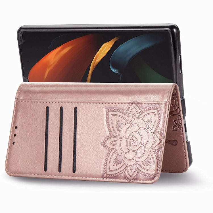 For Samsung Galaxy Z Fold3 5G Butterfly Love Flowers Embossed Horizontal Flip Leather Case with Holder & Card Slots & Wallet & Lanyard(Rose Gold) - Samsung Accessories by buy2fix | Online Shopping UK | buy2fix