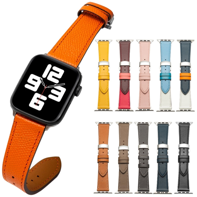 Butterfly Clasp  Top Layer Cowhide Leather Strap Watch Band For Apple Watch Ultra 49mm / Series 8&7 45mm / SE 2&6&SE&5&4 44mm / 3&2&1 42mm(Yellow) - Watch Bands by buy2fix | Online Shopping UK | buy2fix