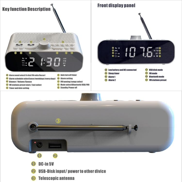 BT-A5 LED Display Bedside FM Clock Radio with Bluetooth Speaker (White) - Consumer Electronics by buy2fix | Online Shopping UK | buy2fix