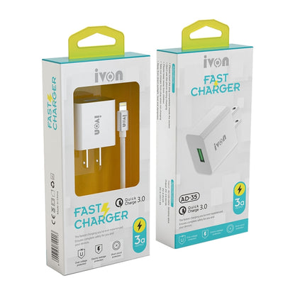 IVON AD-35 2 in 1 18W QC3.0 USB Port Travel Charger + 1m USB to 8 Pin Data Cable Set, US Plug(White) - USB Charger by IVON | Online Shopping UK | buy2fix