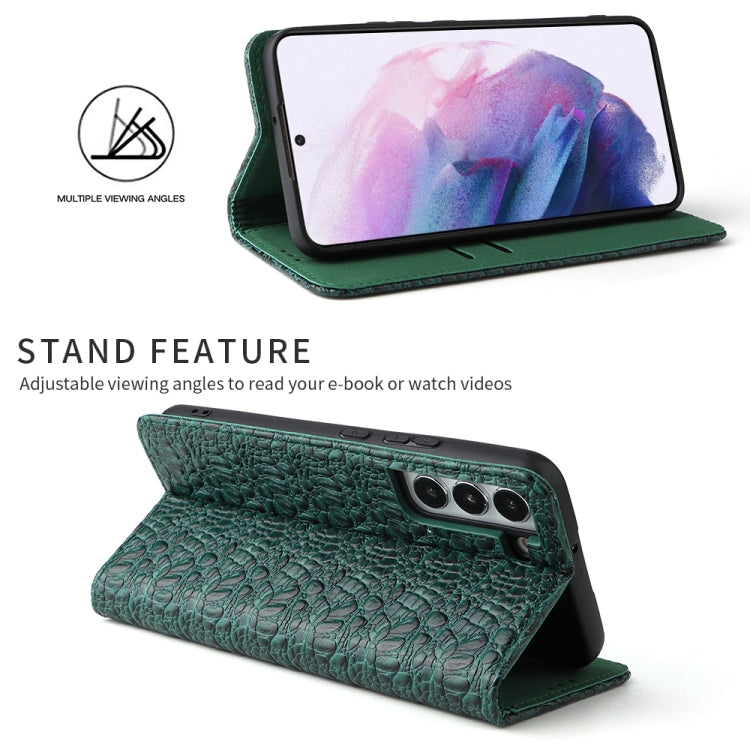 For Samsung Galaxy S22+ 5G Fierre Shann Crocodile Texture Magnetic Genuine Leather Phone Case(Green) - Galaxy S22+ 5G Cases by FIERRE SHANN | Online Shopping UK | buy2fix