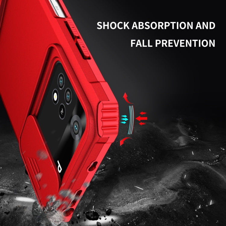 For Xiaomi Poco M4 Pro 4G Stereoscopic Holder Sliding Camshield Phone Case(Red) - Xiaomi Cases by buy2fix | Online Shopping UK | buy2fix