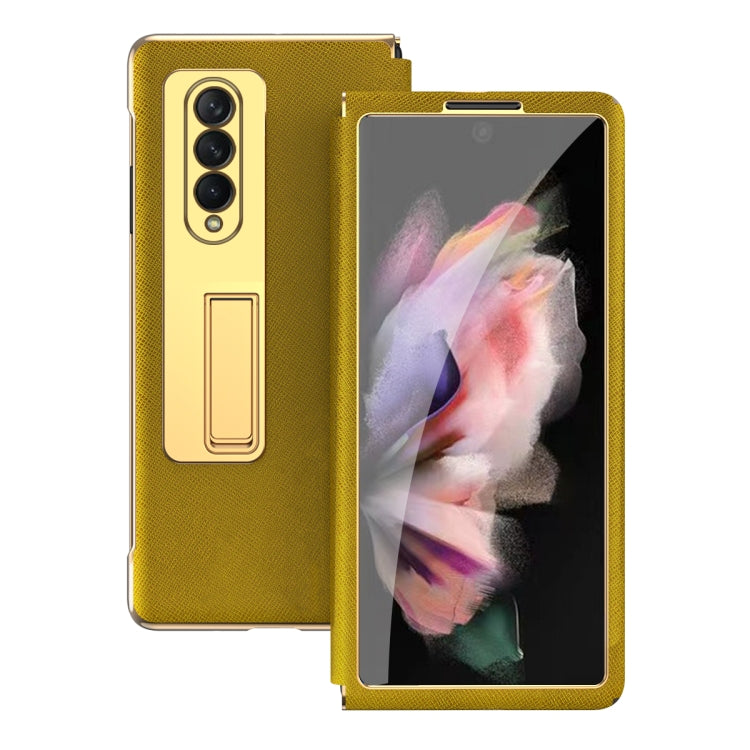 For Samsung Galaxy Z Fold3 5G Cross Texture Integrated Electroplating Hinge Flip Phone Case with Tempered Film(Gold) - Galaxy Phone Cases by buy2fix | Online Shopping UK | buy2fix