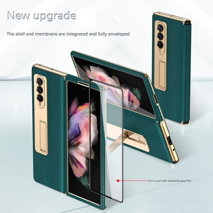 For Samsung Galaxy Z Fold3 5G Cross Texture Integrated Electroplating Hinge Flip Phone Case with Tempered Film(Gold) - Galaxy Phone Cases by buy2fix | Online Shopping UK | buy2fix