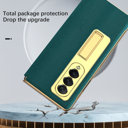 For Samsung Galaxy Z Fold3 5G Cross Texture Integrated Electroplating Hinge Flip Phone Case with Tempered Film(Gold) - Galaxy Phone Cases by buy2fix | Online Shopping UK | buy2fix