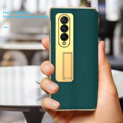 For Samsung Galaxy Z Fold3 5G Cross Texture Integrated Electroplating Hinge Flip Phone Case with Tempered Film(Gold) - Galaxy Phone Cases by buy2fix | Online Shopping UK | buy2fix