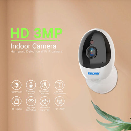 ESCAM QF006 3MP 1296P HD Indoor Wireless PTZ IP Camera IR Night Vision AI Humanoid Detection Home Security CCTV Monitor, Plug Type:EU Plug(White) - Mini Camera by ESCAM | Online Shopping UK | buy2fix