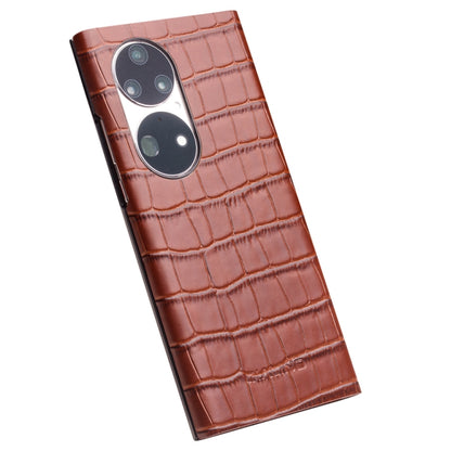 For Huawei P50 QIALINO Crocodile Pattern Side Window View Genuine Leather Phone Case(Brown) - Huawei Cases by QIALINO | Online Shopping UK | buy2fix