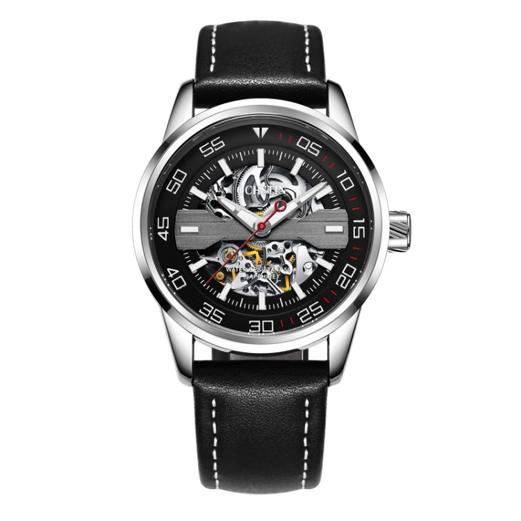 OCHSTIN 62002A Master Series Hollow Mechanical Men Watch(Silver-Black) - Leather Strap Watches by OCHSTIN | Online Shopping UK | buy2fix