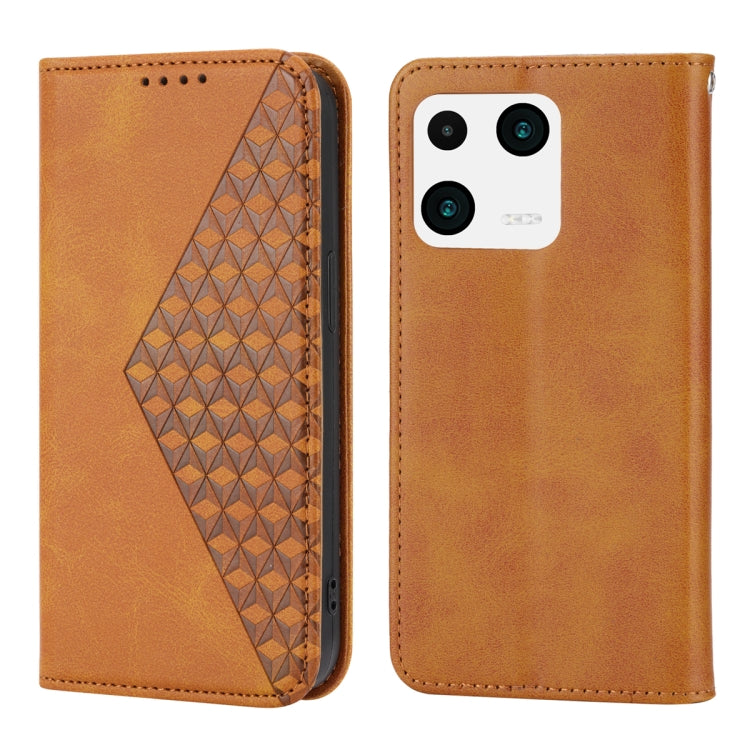 For Xiaomi 13 Cubic Grid Calf Texture Magnetic Leather Phone Case(Yellow) - 13 Cases by buy2fix | Online Shopping UK | buy2fix
