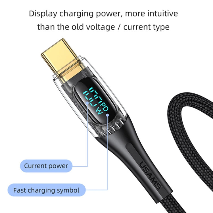 USAMS Type-C to Type-C PD100W Aluminum Alloy Transparent Digital Display Fast Charge Data Cable, Cable Length:1.2m(Black) - USB-C & Type-C Cable by USAMS | Online Shopping UK | buy2fix