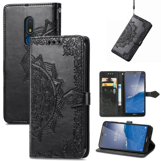 For Nokia C3 Mandala Flower Embossed Leather Phone Case(Black) - Nokia Cases by buy2fix | Online Shopping UK | buy2fix