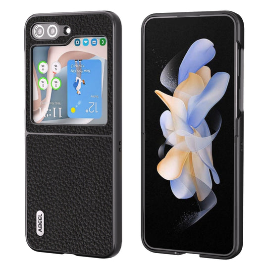 For Samsung Galaxy Z Flip5 ABEEL Genuine Leather Litchi Texture Phone Case(Black) - Galaxy Phone Cases by buy2fix | Online Shopping UK | buy2fix