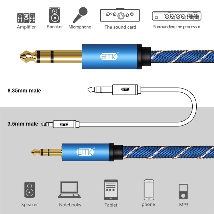 EMK 3.5mm Jack Male to 6.35mm Jack Male Gold Plated Connector Nylon Braid AUX Cable for Computer / X-BOX / PS3 / CD / DVD, Cable Length:5m(Dark Blue) - Audio Optical Cables by EMK | Online Shopping UK | buy2fix