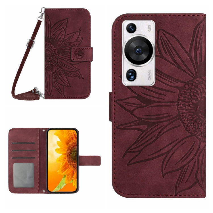 For Huawei P60 Pro Skin Feel Sun Flower Embossed Flip Leather Phone Case with Lanyard(Wine Red) - Huawei Cases by buy2fix | Online Shopping UK | buy2fix