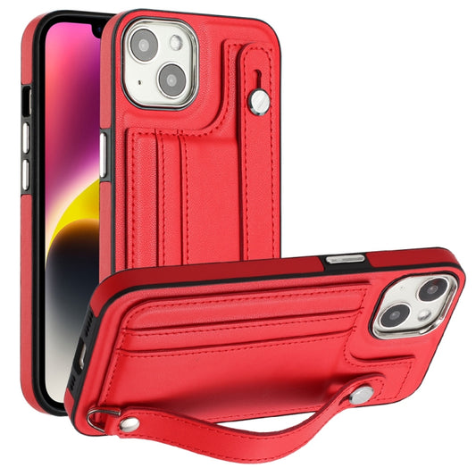 For iPhone 13 Shockproof Leather Phone Case with Wrist Strap(Red) - iPhone 13 Cases by buy2fix | Online Shopping UK | buy2fix