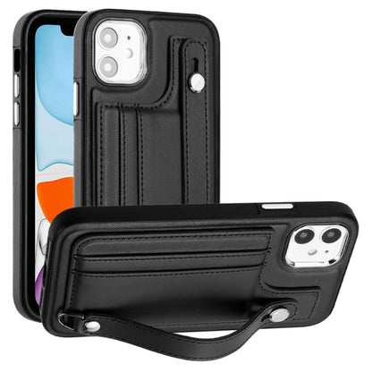 For iPhone 11 Shockproof Leather Phone Case with Wrist Strap(Black) - iPhone 11 Cases by buy2fix | Online Shopping UK | buy2fix