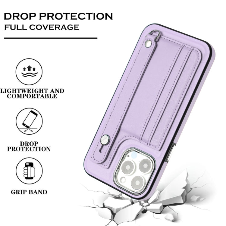 For iPhone 15 Pro Shockproof Leather Phone Case with Wrist Strap(Purple) - iPhone 15 Pro Cases by buy2fix | Online Shopping UK | buy2fix