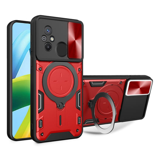 For Xiaomi Redmi 12C CD Texture Sliding Camshield Magnetic Holder Phone Case(Red) - Xiaomi Cases by buy2fix | Online Shopping UK | buy2fix