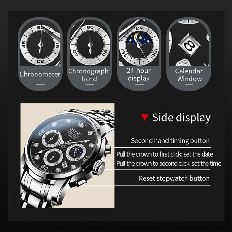 OLEVS 2889 Men Multifunctional Luminous Waterproof Quartz Watch(Black) - Metal Strap Watches by OLEVS | Online Shopping UK | buy2fix