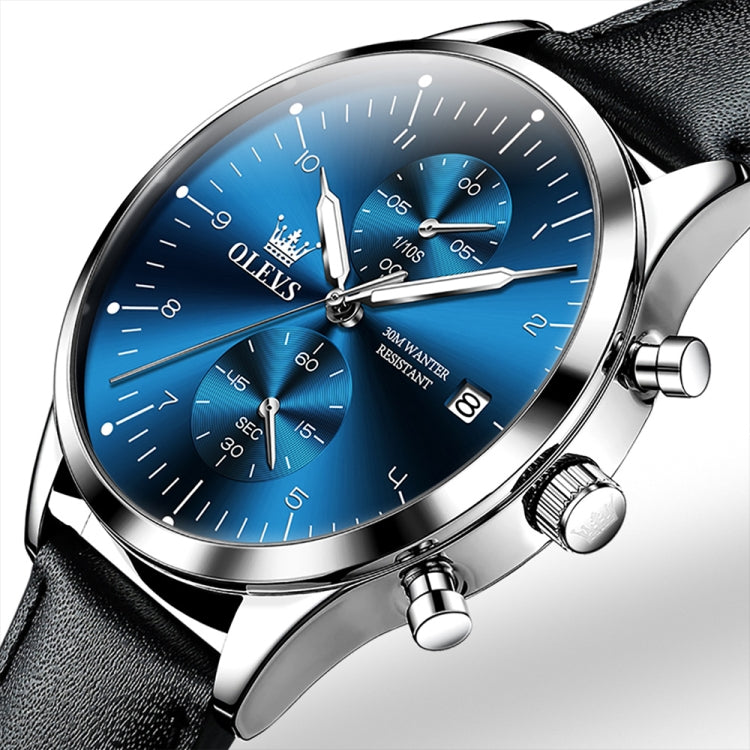 OLEVS 2880 Men Multifunctional Business Waterproof Leather Strap Quartz Watch(Blue) - Leather Strap Watches by OLEVS | Online Shopping UK | buy2fix