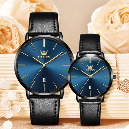 OLEVS 5869 1 Pair Couple Waterproof Genuine Leather Strap Quartz Watch(Blue + Black) - Couple Watches by buy2fix | Online Shopping UK | buy2fix