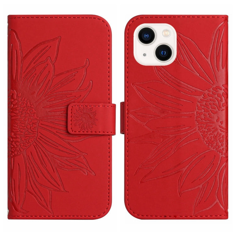 For iPhone 15 Skin Feel Sun Flower Embossed Flip Leather Phone Case with Lanyard(Red) - iPhone 15 Cases by buy2fix | Online Shopping UK | buy2fix