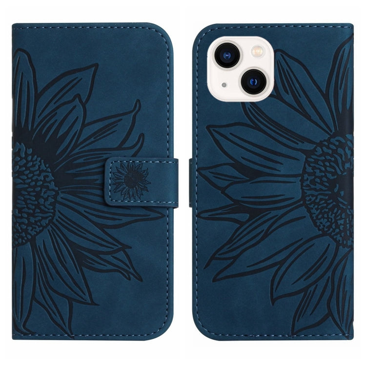 For iPhone 15 Plus Skin Feel Sun Flower Embossed Flip Leather Phone Case with Lanyard(Inky Blue) - iPhone 15 Plus Cases by buy2fix | Online Shopping UK | buy2fix