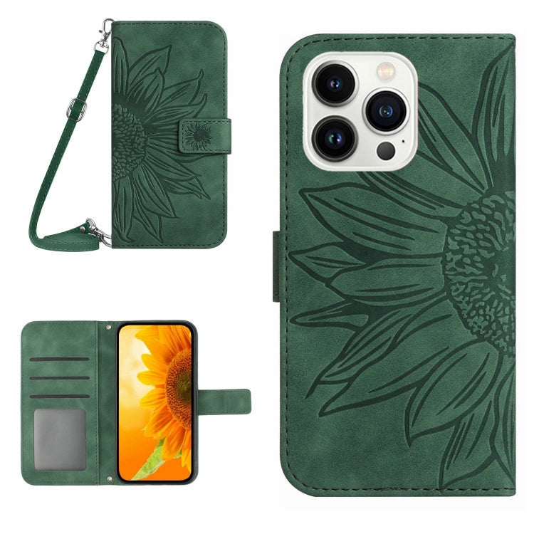 For iPhone 15 Pro Skin Feel Sun Flower Embossed Flip Leather Phone Case with Lanyard(Green) - iPhone 15 Pro Cases by buy2fix | Online Shopping UK | buy2fix