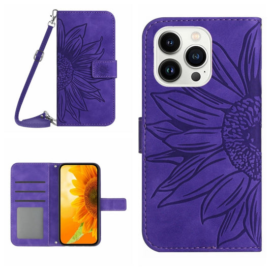 For iPhone 15 Pro Skin Feel Sun Flower Embossed Flip Leather Phone Case with Lanyard(Dark Purple) - iPhone 15 Pro Cases by buy2fix | Online Shopping UK | buy2fix