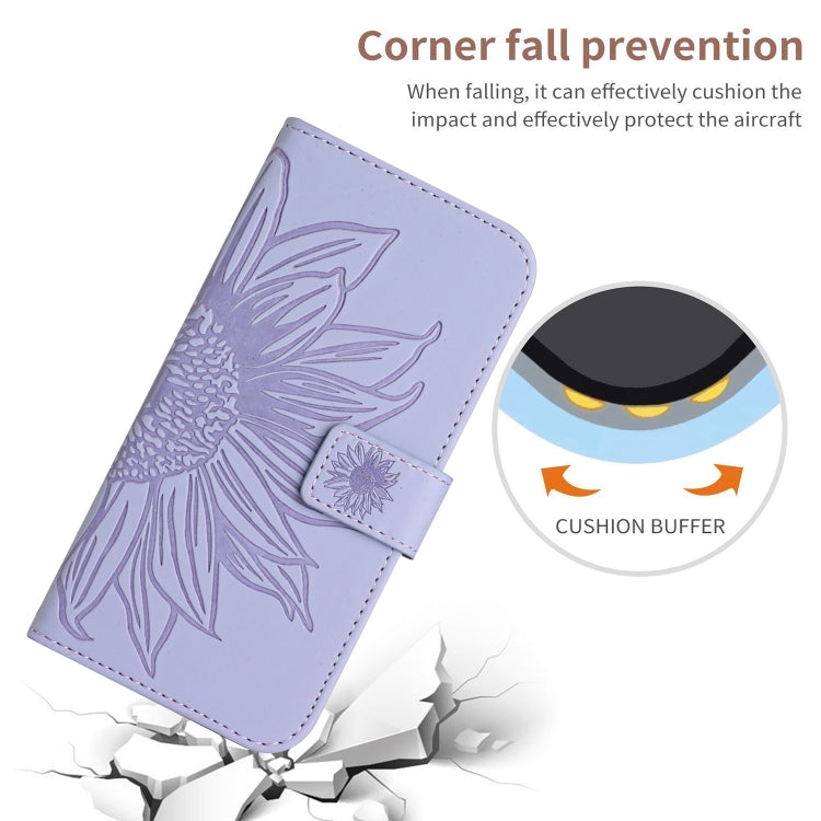 For iPhone 15 Pro Max Skin Feel Sun Flower Embossed Flip Leather Phone Case with Lanyard(Purple) - iPhone 15 Pro Max Cases by buy2fix | Online Shopping UK | buy2fix