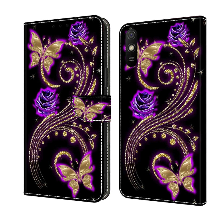 For Xiaomi Redmi 9A Crystal 3D Shockproof Protective Leather Phone Case(Purple Flower Butterfly) - Xiaomi Cases by buy2fix | Online Shopping UK | buy2fix